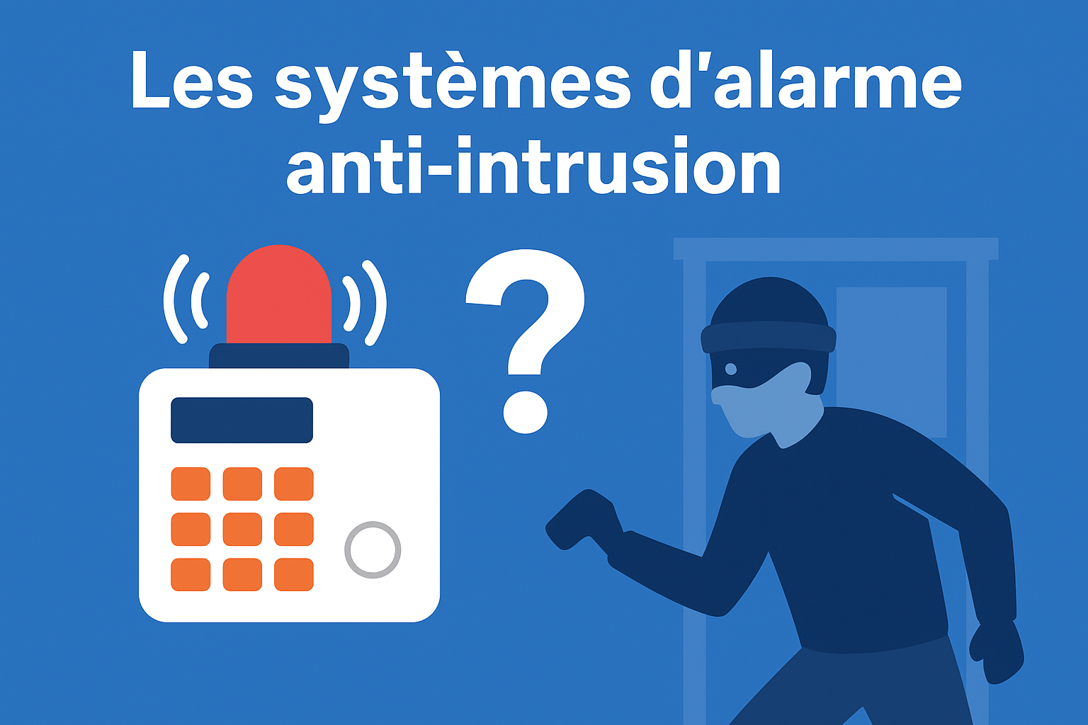 illustration pour un quizz sur les alarmes anti intrusion. il y a un homme avec un bonnet et un systeme d'alarme