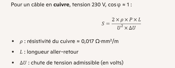calcul pour la section d’un câble électrique en monophasé