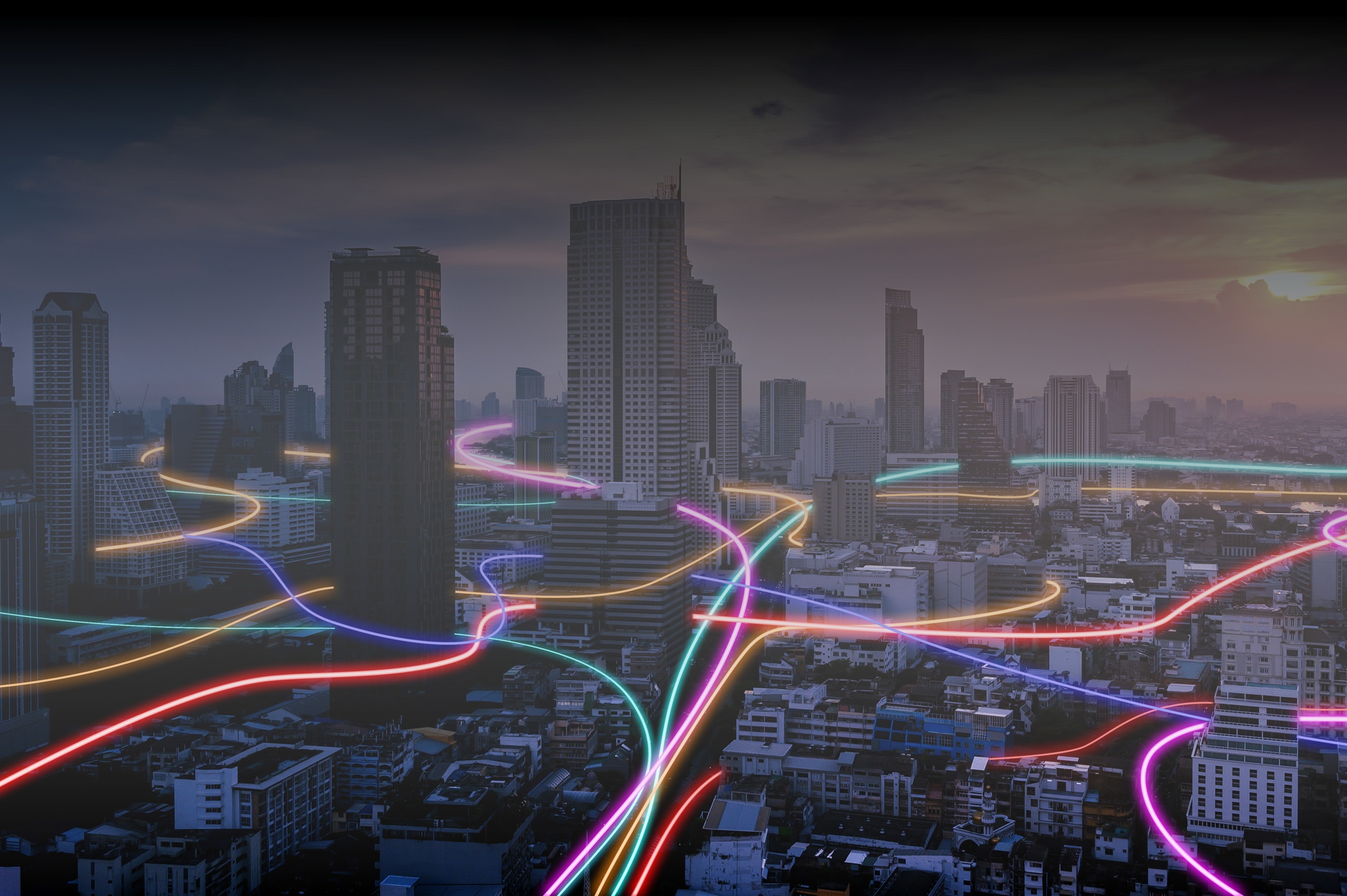 Image conceptuelle réseau wifi dans une ville avec gratte-ciel
