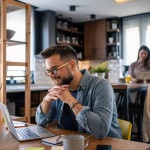 image d'un homme en train de travailler sur un bureau avec son ordianteur en wifi