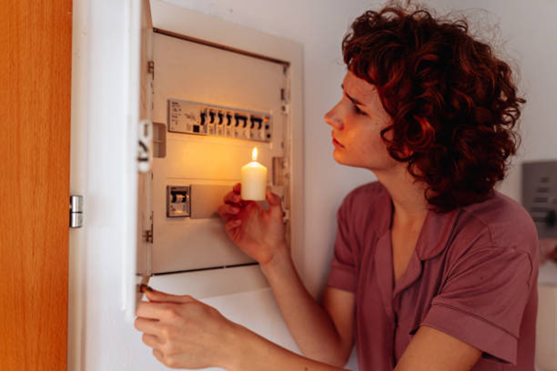 Une image qui représente une femme éclairant un tableau électrique avec une bougie
