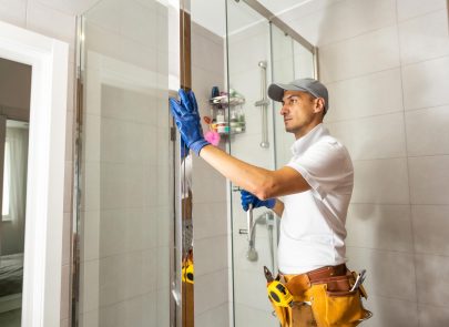 image d'une salle de bain avec un technicien en intervention