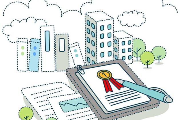 dessin d'une ville avec des documents de certification