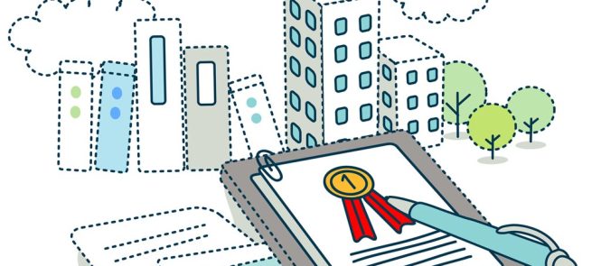 dessin d'une ville avec des documents de certification