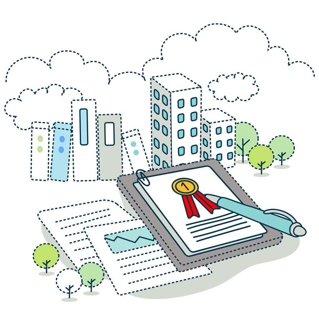 dessin d'une ville avec des documents de certification